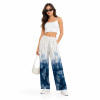 Botanical Print Wide-Leg Trousers - Blue, women's wide-leg trousers with side pockets (size L)