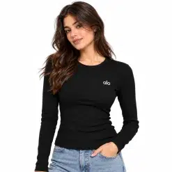 Alo Ribbed Long-Sleeve Bodysuit Black on model