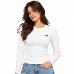 Alo Ribbed Long-Sleeve Bodysuit White on model