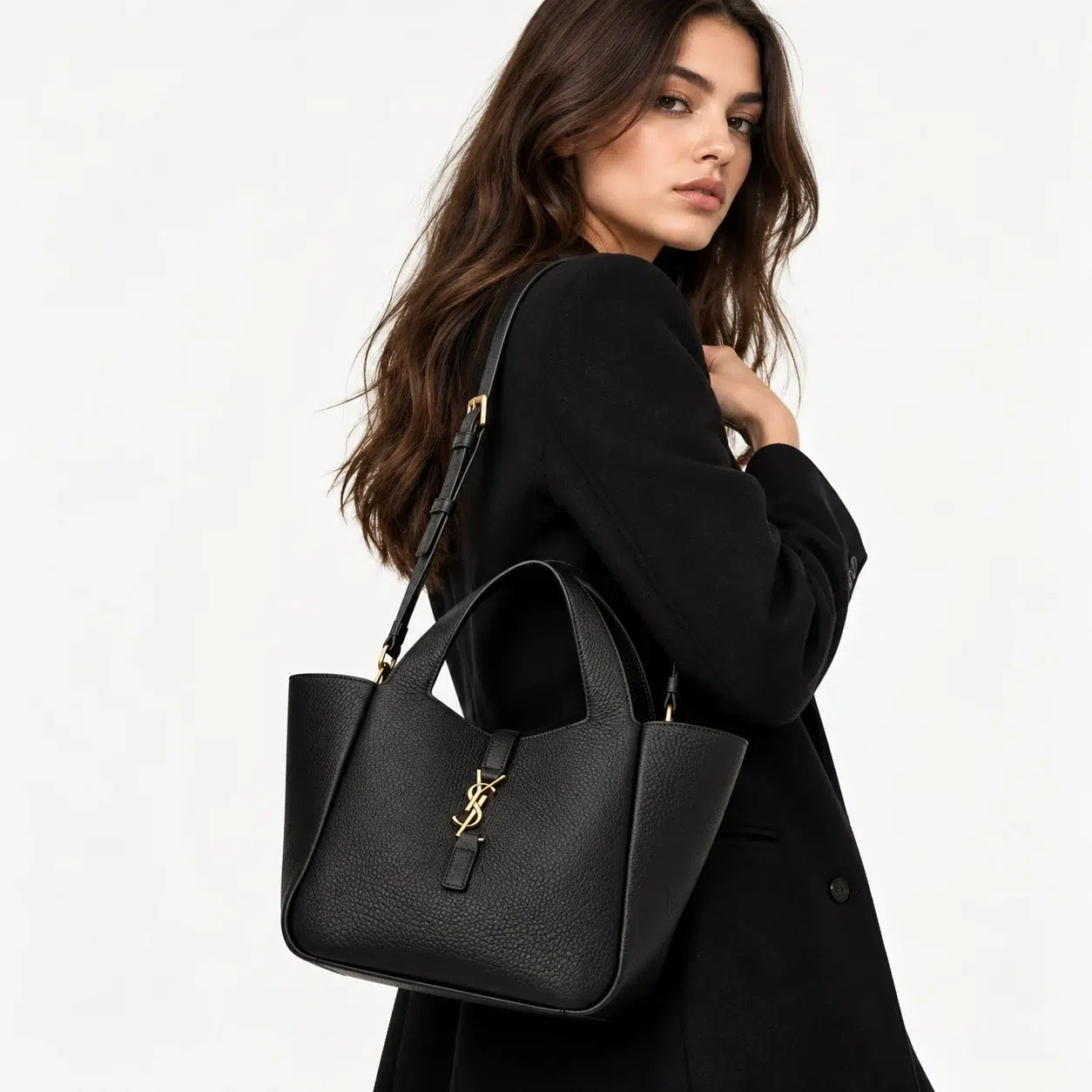 Black Textured Tote Bag with Gold-Tone Detail