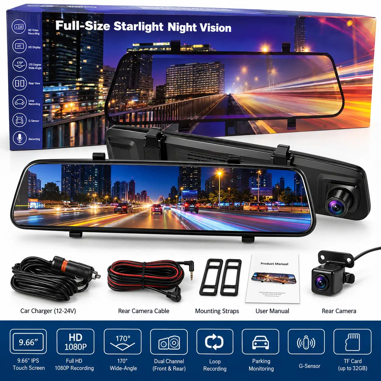 9.66-inch Touchscreen Rearview Mirror Dash Cam – Front & Rear Cameras