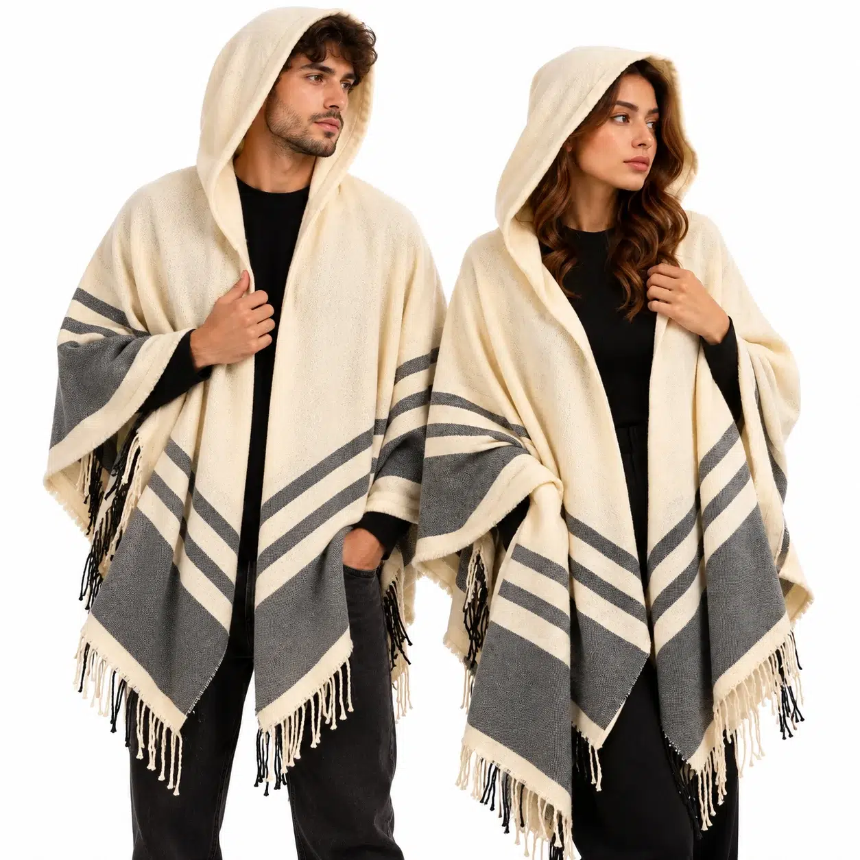 Women and man wearing an ivory and grey open hooded wool blend shawl