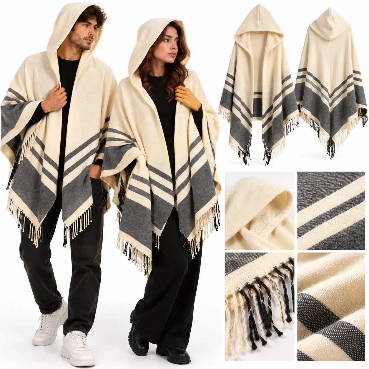 Women and man wearing an ivory and grey open hooded wool blend shawl