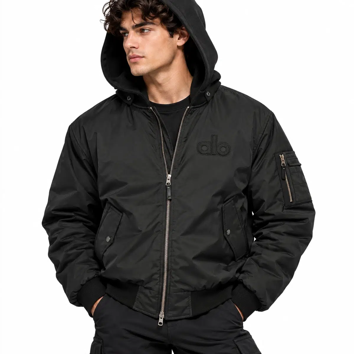 ALO Style Black Detachable-Hood Jacket - model view
