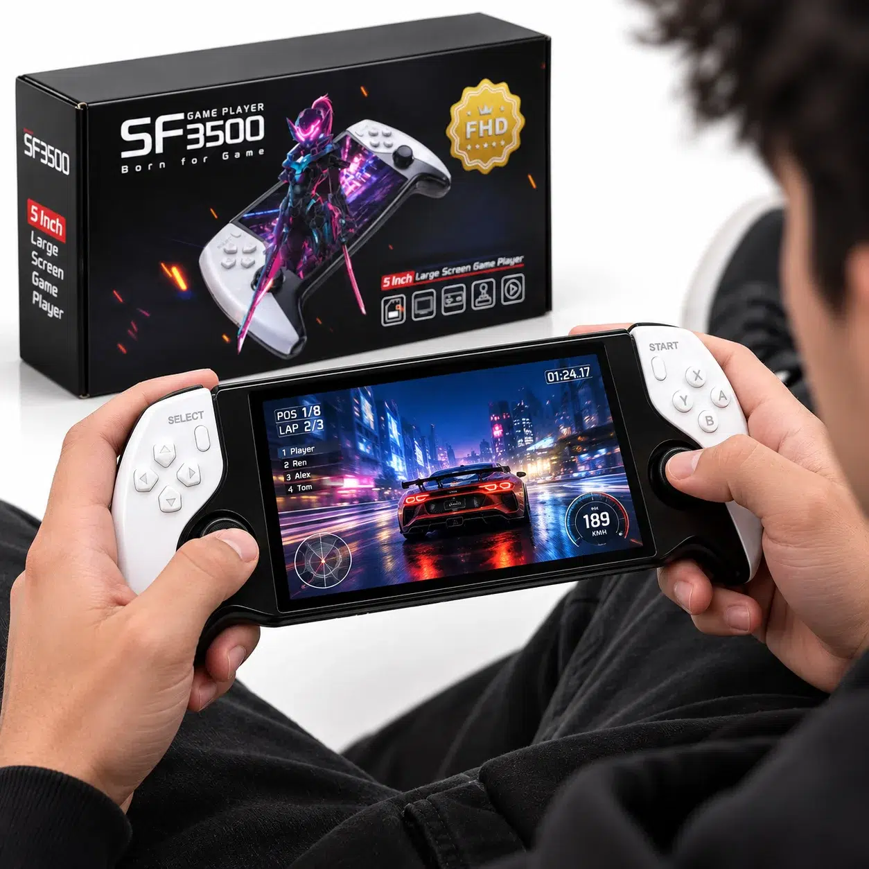 SF3500 Retro Handheld Game Console – 5-Inch IPS – Black & White