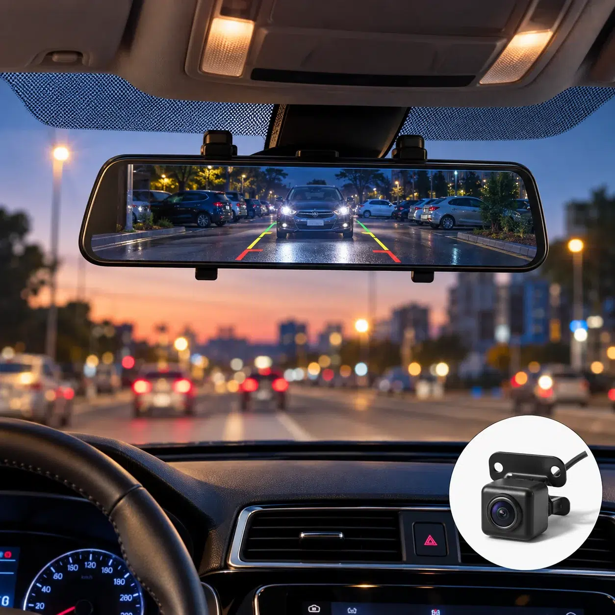 9.66-inch Touchscreen Rearview Mirror Dash Cam – Front & Rear Cameras