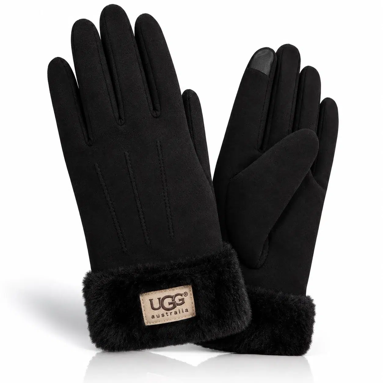 UGG Women’s Suede-Look Fur-Cuff Gloves – Black
