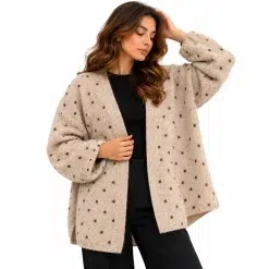 Beige wool polka dot open cardigan styled on a model, alternate view