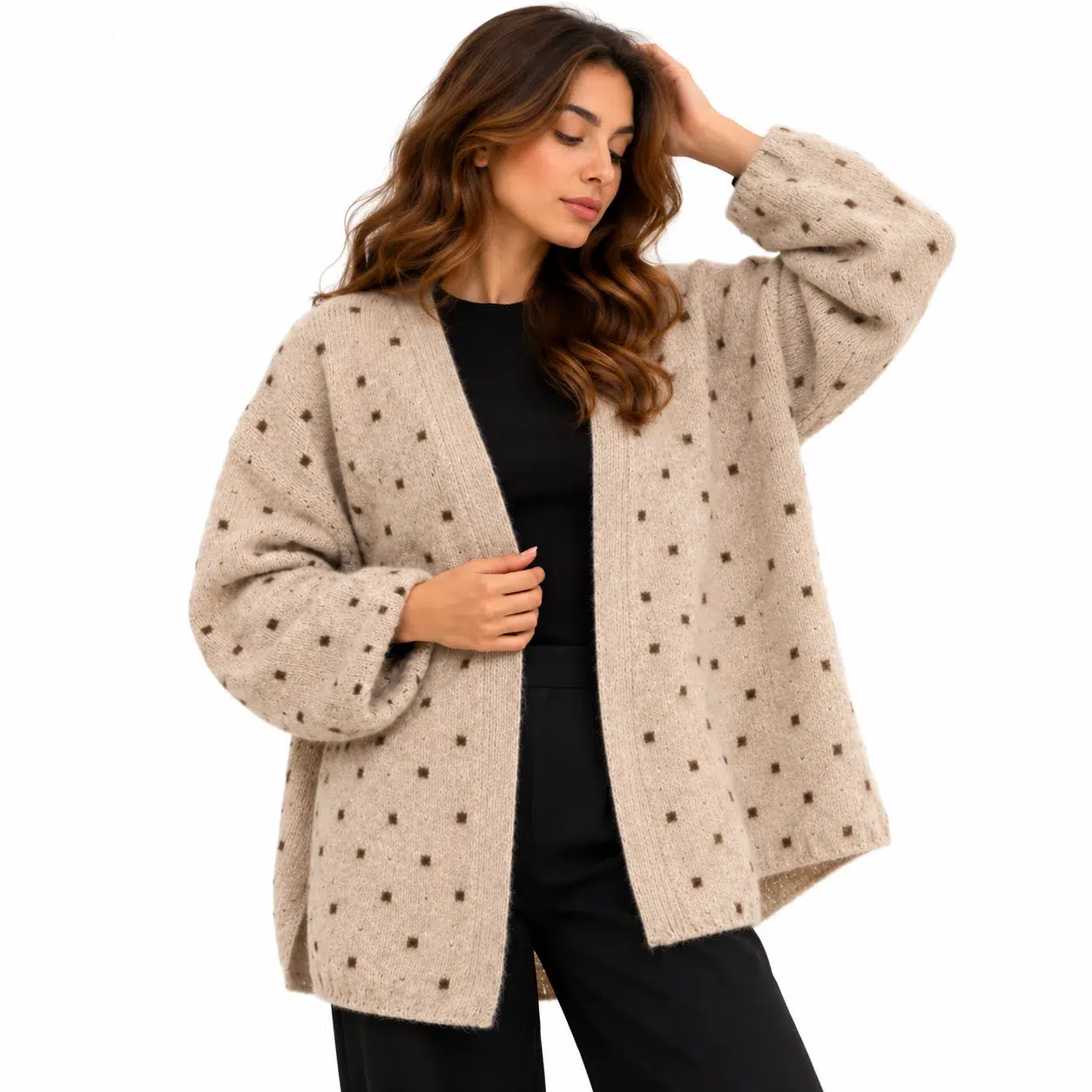 Beige wool polka dot open cardigan styled on a model, alternate view