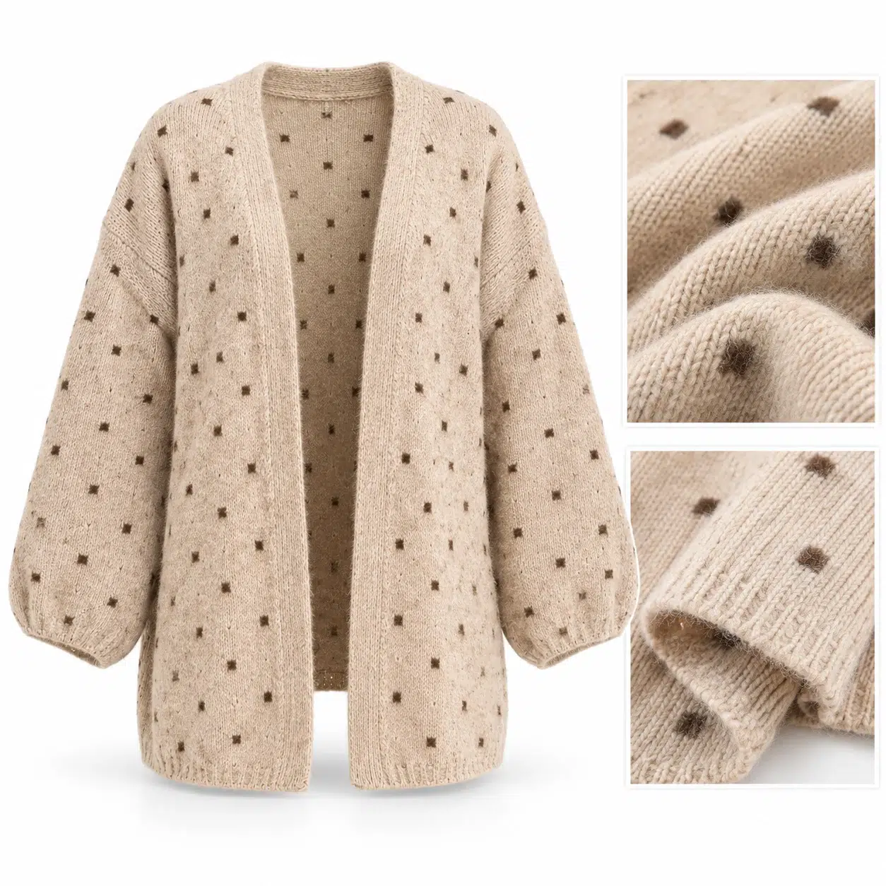 Close-up of beige wool cardigan with small brown polka dot details
